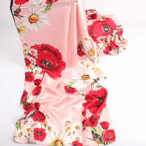 Silk Scarf Collecitons|Blossom Range|Poppy Daisy Design|Red|Long Silk Scarf - Vshine Silk and Shine 
