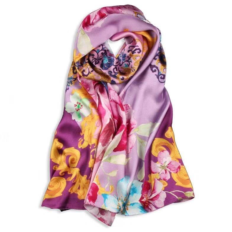 Silk Scarf Collecitons|Blossom Range|Oriental Design|Purple|Long Silk Scarf - Vshine Silk and Shine 