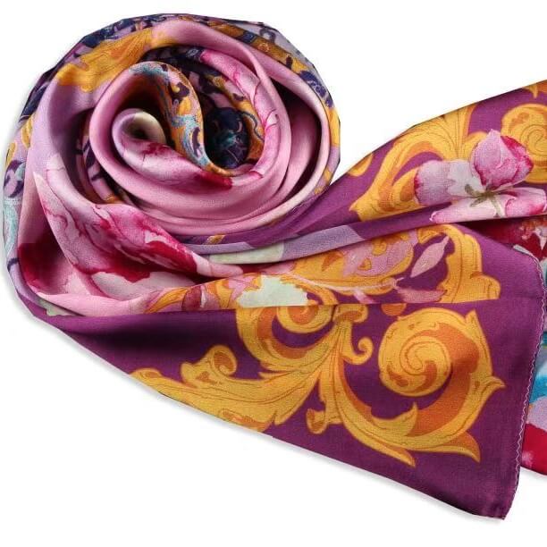 Vshine Silk and Shine Fashion Accessories|Silk Scarf Collecitons|Blossom Range|Oriental Flowers Design|Purple|Long Silk Scarf