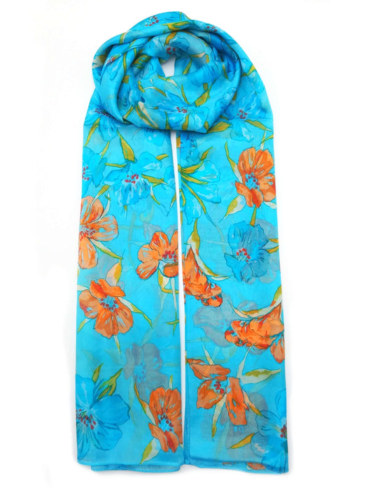 large silk scarf iris blue and orange - Vshine Silk and Shine Fashion Accessories