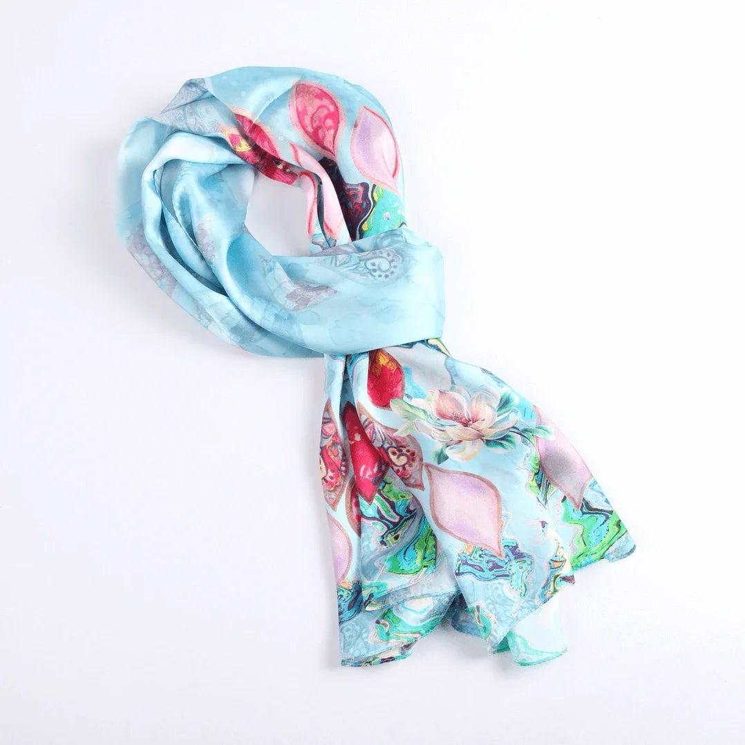 Silk Scarf Collections|Blossom Range|Tropical Sea design|Blue|Long Silk Scarf - Vshine Silk and Shine 