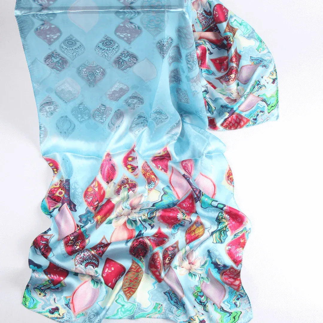 Silk Scarf Collections|Blossom Range|Tropical Sea design|Blue|Long Silk Scarf - Vshine Silk and Shine 