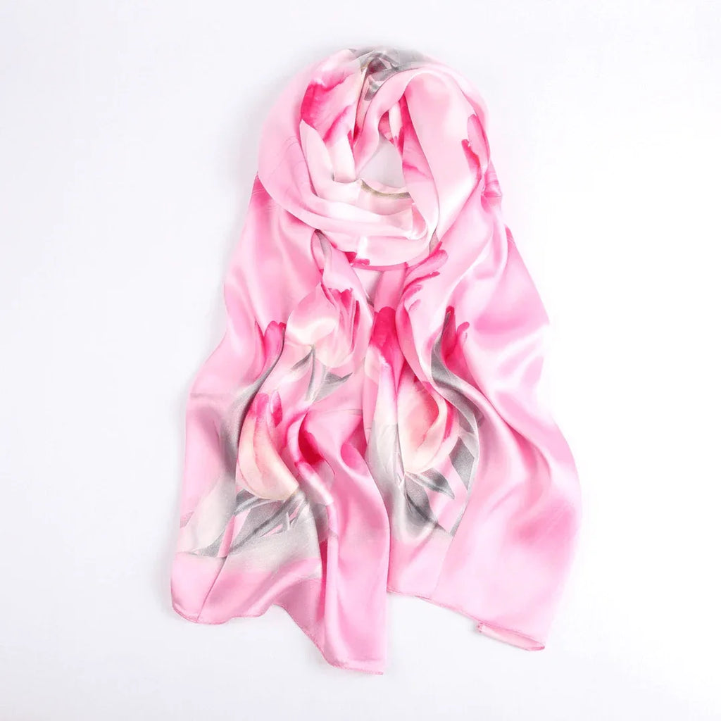 Silk Scarf Collections|Blossom Range|Tulip Design|Pink|Long Silk Scarf - Vshine Silk and Shine 