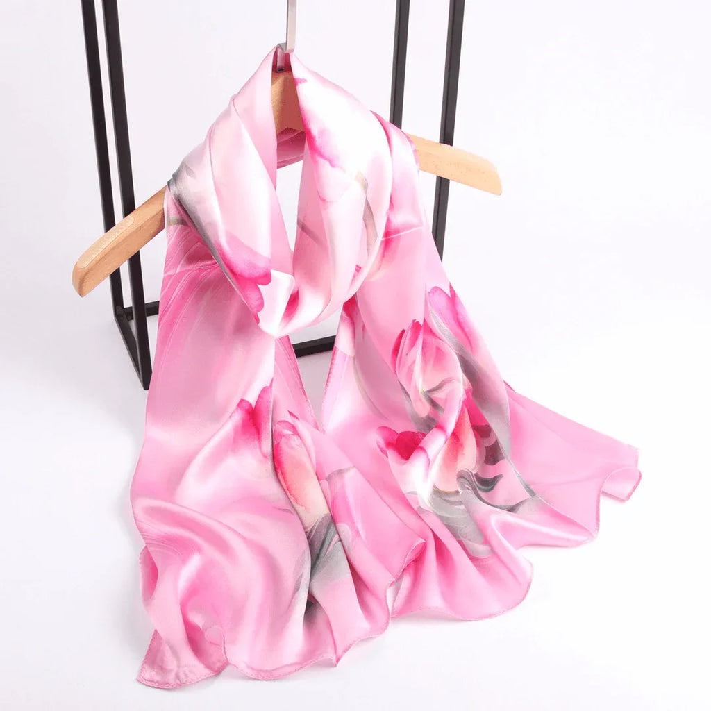 Silk Scarf Collections|Blossom Range|Tulip Design|Pink|Long Silk Scarf - Vshine Silk and Shine 