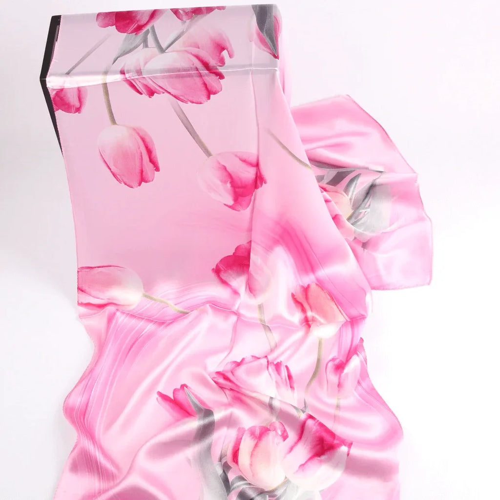Silk Scarf Collections|Blossom Range|Tulip Design|Pink|Long Silk Scarf - Vshine Silk and Shine 