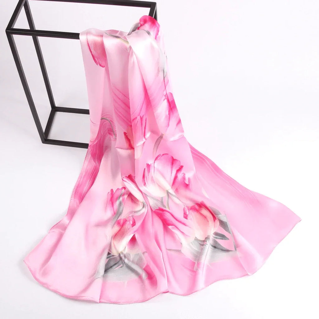 Silk Scarf Collections|Blossom Range|Tulip Design|Pink|Long Silk Scarf - Vshine Silk and Shine 