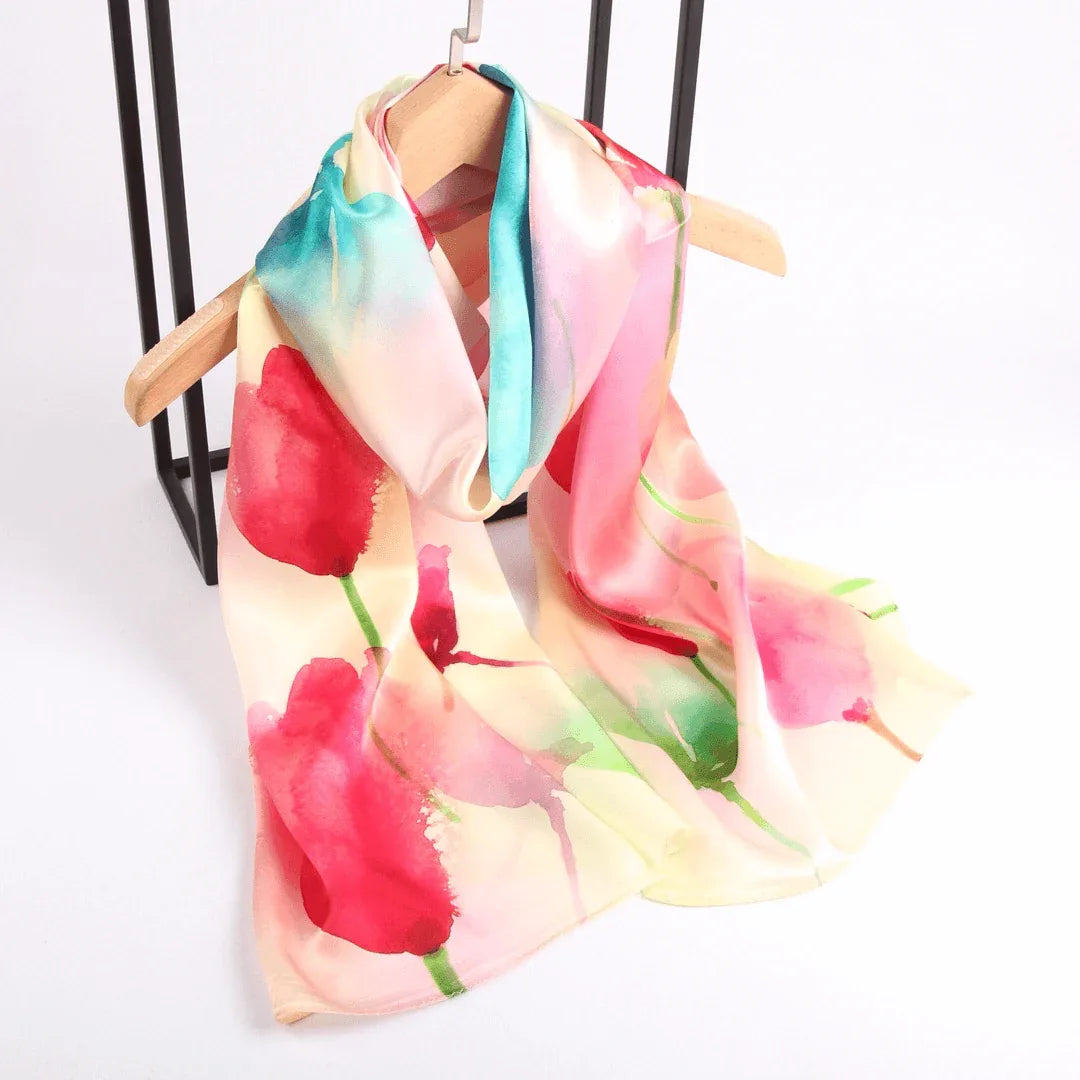 Silk Scarf Collecitons|Blossom Range|Tulip Design|Red|Long Silk Scarf - Vshine Silk and Shine 