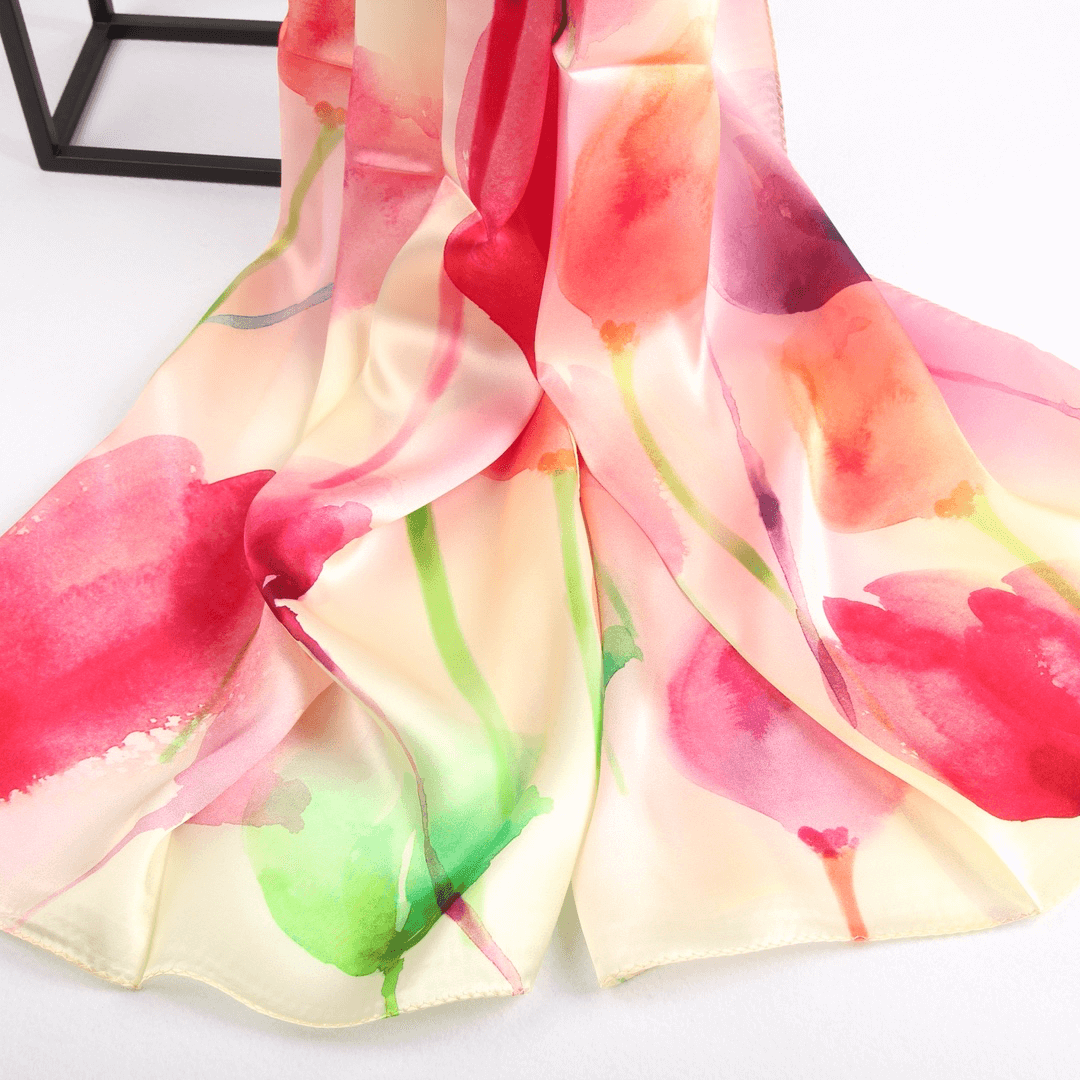 Vshine Silk and Shine Fashion Accessories|Silk Scarf Collecitons|Blossom Range|Tulip Design|Red|Long Silk Scarf 