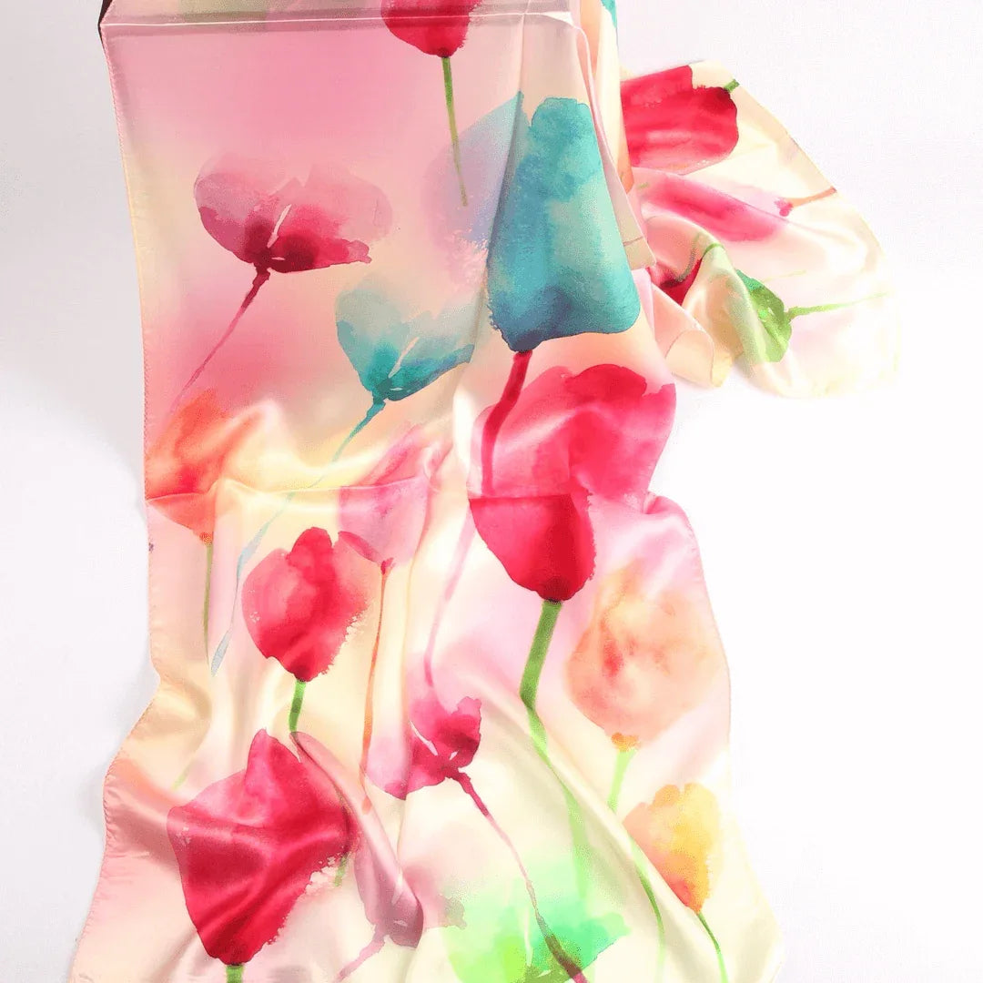 Silk Scarf Collecitons|Blossom Range|Tulip Design|Red|Long Silk Scarf - Vshine Silk and Shine 