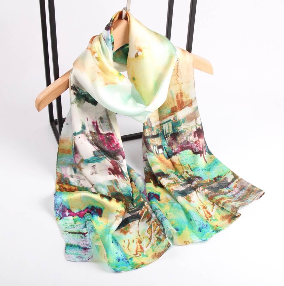 Silk Scarf Collections|Blossom Range|Impressionism Design|Beige|Long Silk Scarf - Vshine Silk and Shine 